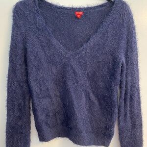 GUESS Fuzzy V‑Neck Sweater – Navy Blue, Women’s Medium